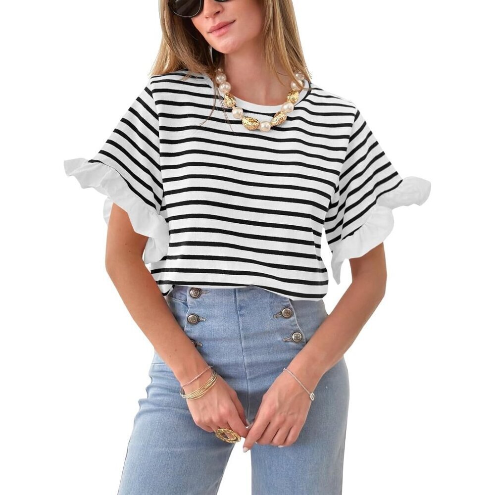 Women Striped Cotton Ruffle Sleeve Casual T Shirt Summer Outfits